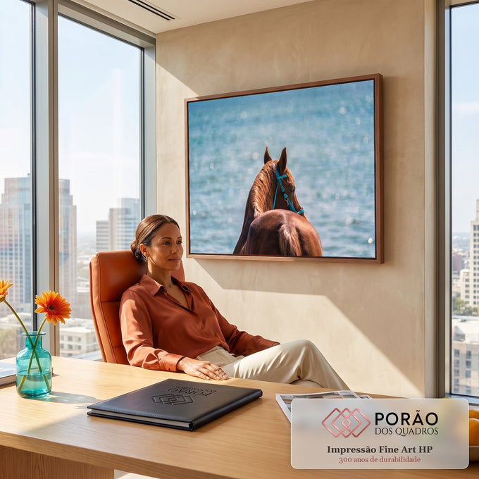 Quadro Decorativo Grande Cavalo com Cabresto para Sala | quadros decorativos | cavalo marrom visto de costas com cabresto azul em frente ao mar desfocado | em ambiente 2 | Porao dos Quadros