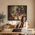 Quadro Decorativo Grande Jesus Bom Pastor para Sala Marrom | quadros decorativos | homem de túnica branca carrega ovelha nos ombros em trilha arborizada | em ambiente 2 | Porao dos Quadros