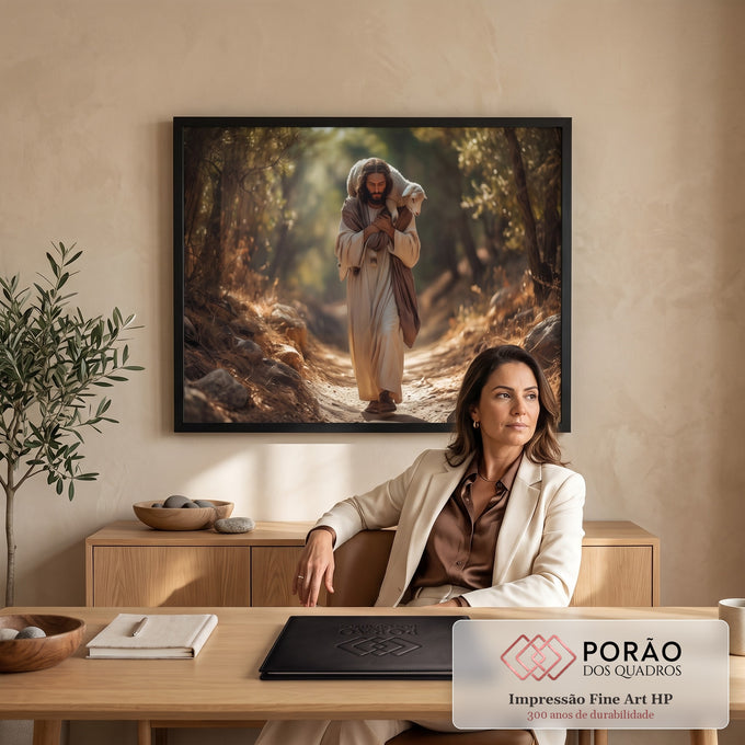 Quadro Decorativo Grande Jesus Bom Pastor para Sala Marrom | quadros decorativos | homem de túnica branca carrega ovelha nos ombros em trilha arborizada | em ambiente 2 | Porao dos Quadros