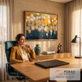 Quadro Decorativo Grande Abstrato Skyline para Sala Amarelo | quadros decorativos | pinceladas abstratas verticais em dourado, laranja e verde-petróleo lembrando um skyline | em ambiente 2 | Porao dos Quadros