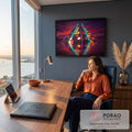 Pirâmide com neon ciano e rosa e janelas coloridas refletida na água sob céu roxo, quadro decorativo