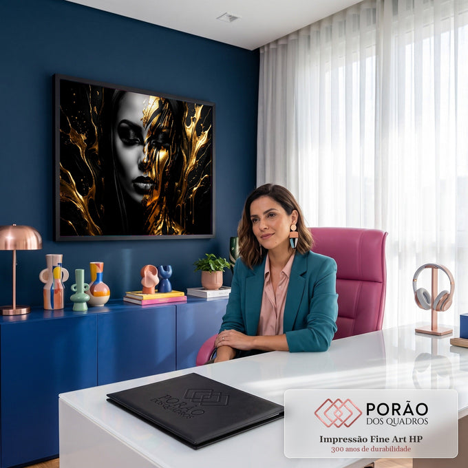 Rosto feminino de olhos fechados com tinta dourada escorrendo sobre fundo preto, quadro decorativo