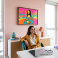 Mona Lisa em pop art com cores neon rosa, laranja, turquesa e amarelo sobre paisagem, quadro decorativo