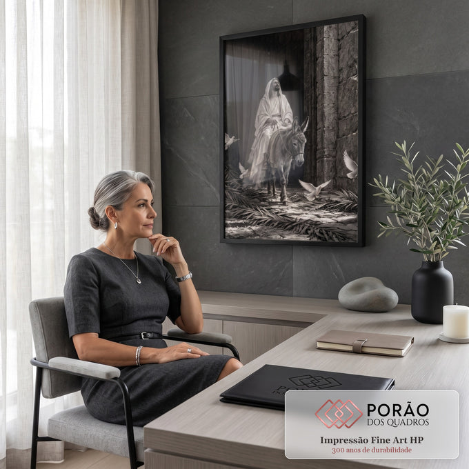 Quadro Decorativo Grande Entrada Triunfal para Sala Preto | quadros decorativos | homem de manto montado em jumento atravessando portal de pedra com pombas voando, em preto e branco | em ambiente 2 | Porao dos Quadros
