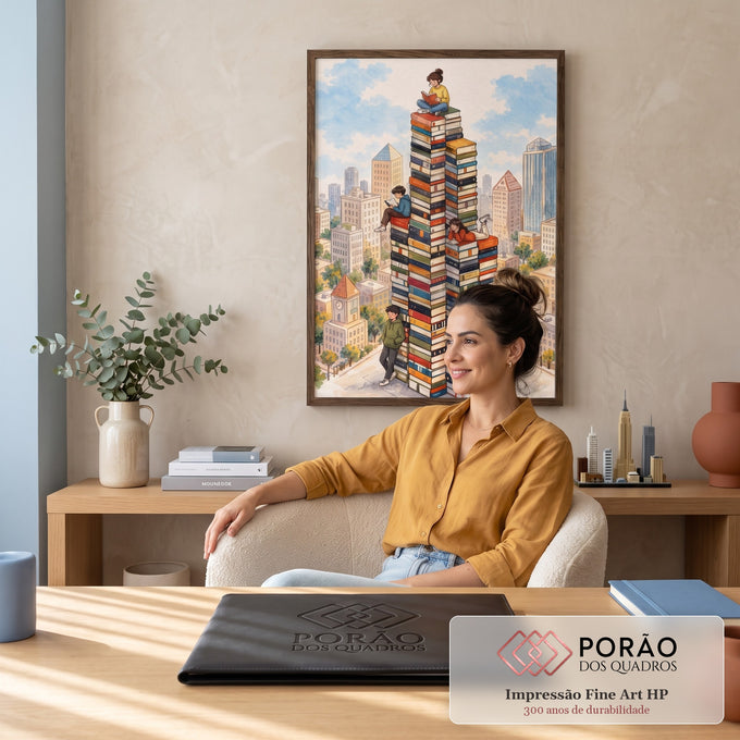 Quadro Decorativo Grande Torres de Livros para Sala Bege | quadros decorativos | crianças lendo sobre torres de livros coloridos com cidade em aquarela ao fundo | em ambiente 2 | Porao dos Quadros