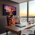Quadro Decorativo Grande Avenida de Palmeiras para Sala | quadros decorativos | avenida com palmeiras e pôr do sol laranja e roxo intenso ao fundo | em ambiente 2 | Porao dos Quadros