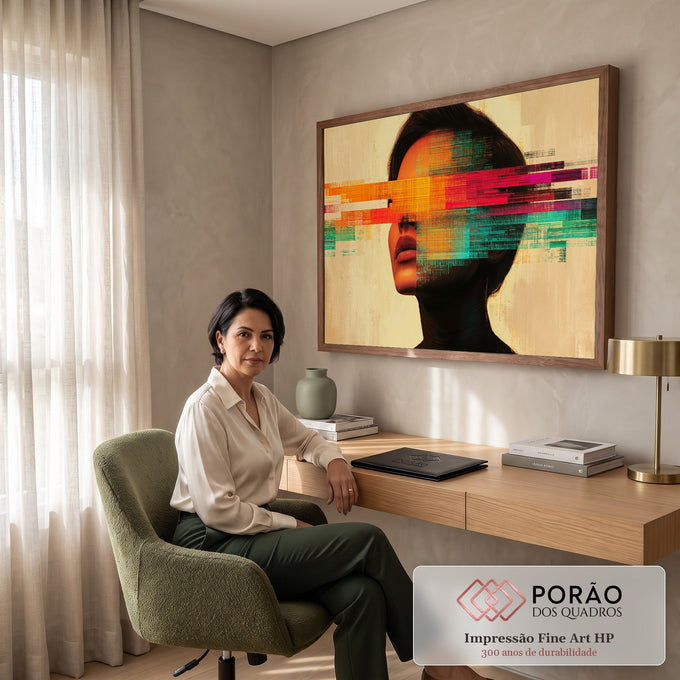 Rosto de mulher com faixas glitch laranja, magenta e verde-água sobre fundo bege, quadro decorativo