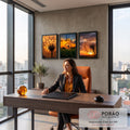 Quadro Decorativo Kit 3 Telas Dente de Leão para Sala | quadros decorativos | tríptico de dente-de-leão em silhueta contra céu de pôr do sol laranja e roxo | em ambiente 2 | Porao dos Quadros