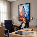 Quadro Decorativo Grande Jesus Caminhando para Sala Vermelho | quadros decorativos | figura de túnica branca caminhando de costas sob céu dividido em vermelho e azul | em ambiente 2 | Porao dos Quadros