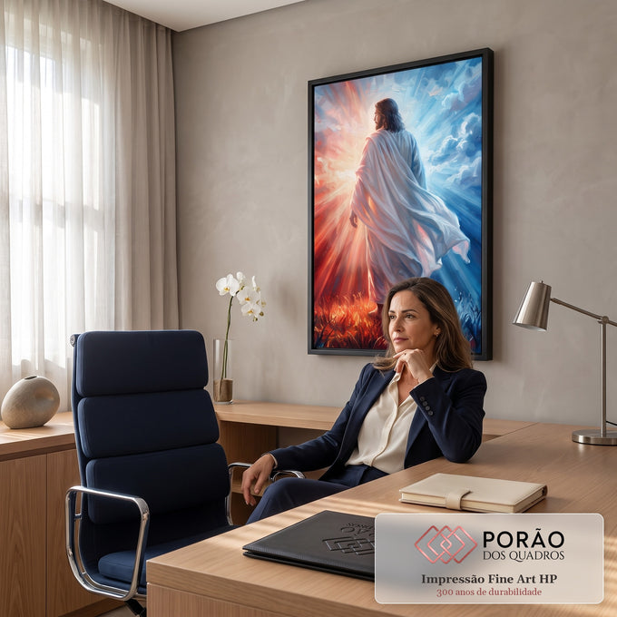 Quadro Decorativo Grande Jesus Caminhando para Sala Vermelho | quadros decorativos | figura de túnica branca caminhando de costas sob céu dividido em vermelho e azul | em ambiente 2 | Porao dos Quadros