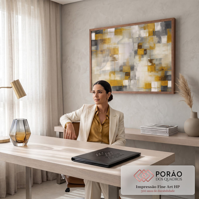 Quadro Decorativo Grande Mosaico Abstrato para Sala Dourado | quadros decorativos | mosaico abstrato com blocos dourados, cinza e brancos em textura pintada | em ambiente 2 | Porao dos Quadros