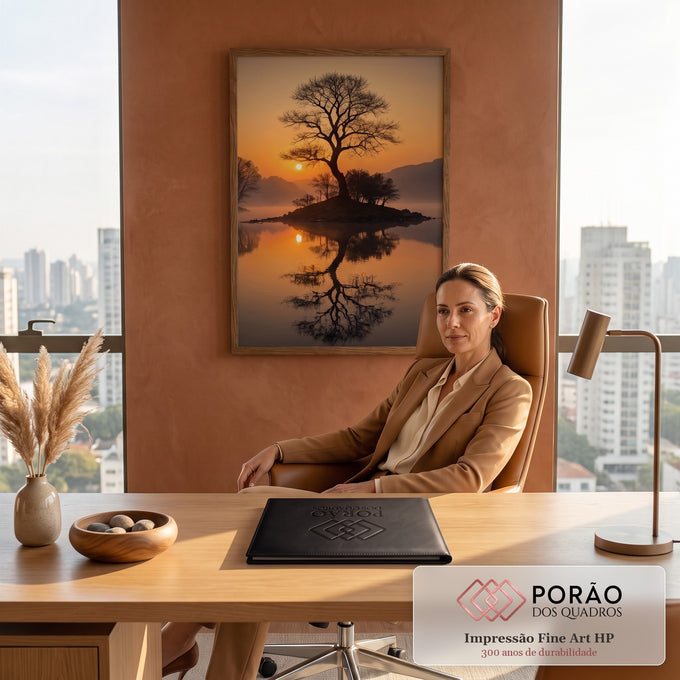 Árvore sem folhas em ilhota ao pôr do sol, refletida no lago com névoa e céu laranja, quadro decorativo