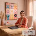 Nove animais fofos ilustrados em grade com fundo rosa e amarelo pastel, quadro decorativo