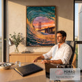 Tubo de onda turquesa emoldurando a ponte Golden Gate sob céu laranja ao pôr do sol, quadro decorativo