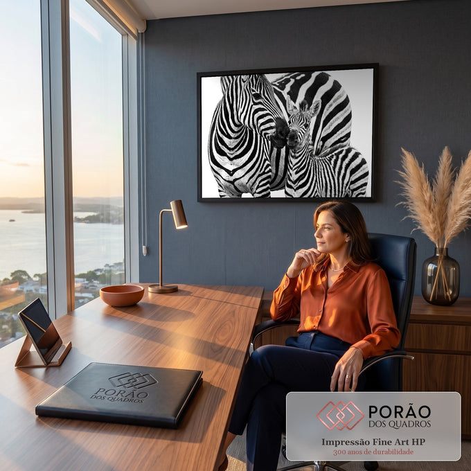 Zebra e filhote encostando os focinhos em fotografia preto e branco com fundo branco, quadro decorativo