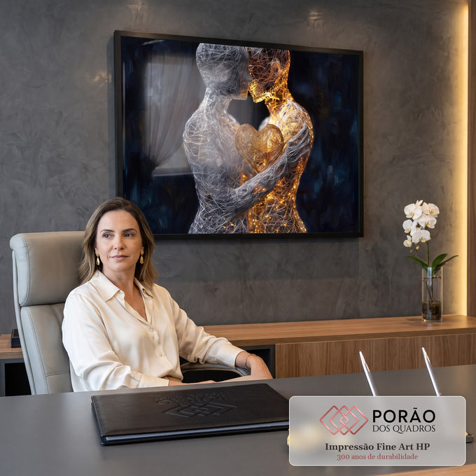 Quadro Decorativo Grande Casal de Fios para Sala Dourado | quadros decorativos | duas figuras de fios prateado e dourado abraçadas com coração luminoso entre elas | em ambiente 2 | Porao dos Quadros