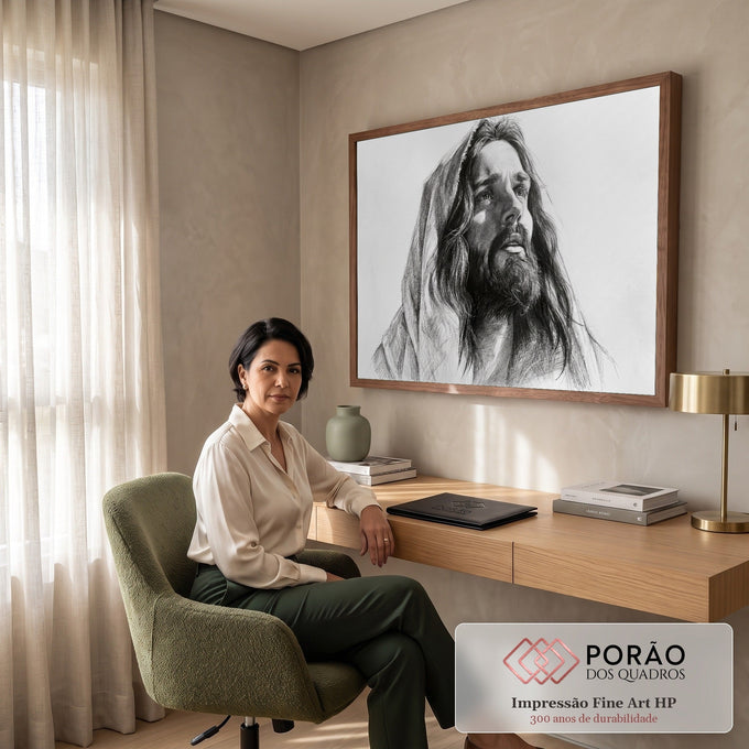 Desenho a grafite de Jesus Cristo com manto e olhar elevado em preto e branco, quadro decorativo