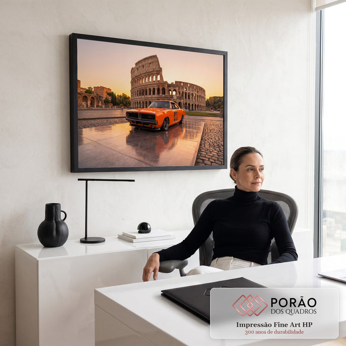 Muscle car laranja número 01 diante do Coliseu de Roma ao pôr do sol, quadro decorativo
