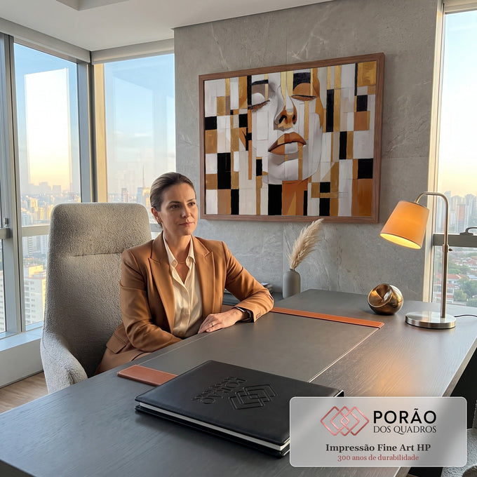 Rosto feminino de olhos fechados em blocos geométricos dourados, brancos e pretos, quadro decorativo