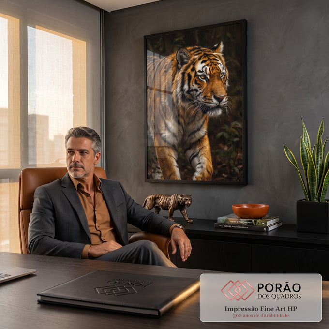 Tigre realista de olhos âmbar caminhando em floresta escura, pintura em tons laranja, quadro decorativo