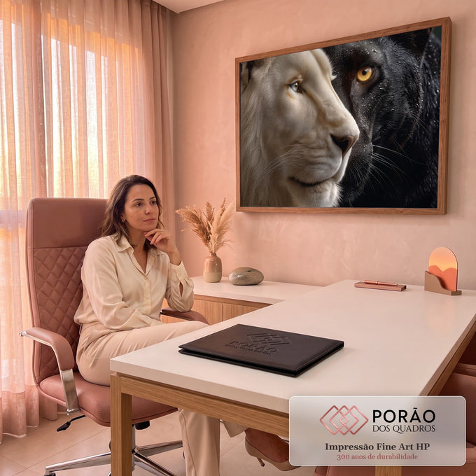 Rosto de leão branco de olhos azuis ao lado de pantera negra de olhos âmbar com gotas de água, quadro decorativo