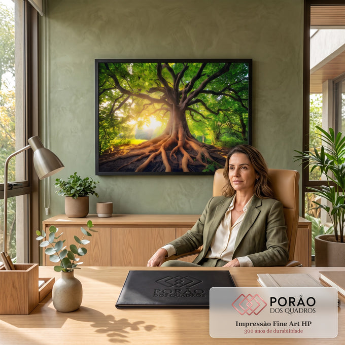 Quadro Decorativo Grande Árvore com Luz Dourada para Sala | quadros decorativos | árvore com raízes expostas e copa verde iluminada por luz dourada na floresta | em ambiente 2 | Porao dos Quadros