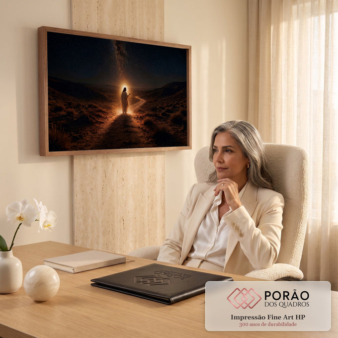 Jesus iluminado caminhando em trilha no deserto à noite sob a Via Láctea, quadro decorativo