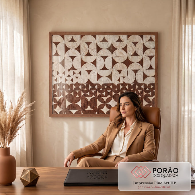 Quadro Decorativo Grande Geométrico Textura para Sala Bege | quadros decorativos | padrão geométrico em textura bege e marrom formando mosaico de círculos | em ambiente 2 | Porao dos Quadros