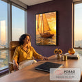 Quadro Decorativo Grande Veleiro de Madeira para Sala | quadros decorativos | veleiro de madeira navegando sob céu alaranjado de pôr do sol | em ambiente 2 | Porao dos Quadros