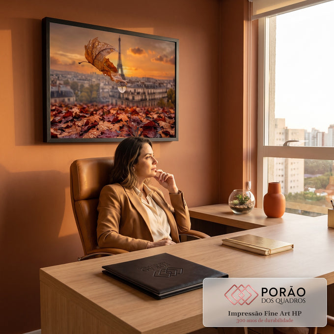 Folha de outono com gota d'água refletindo a Torre Eiffel, Paris ao pôr do sol laranja, quadro decorativo