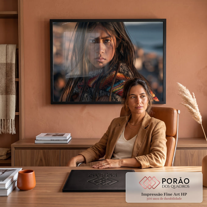 Quadro Decorativo Retrato de Menina com Manto Colorido | quadros decorativos | retrato de menina com olhar intenso vestindo manto de tricô colorido ao entardecer | em Quadros para Escritorio | Porao dos Quadros