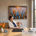 Quadro Decorativo Grande Campo de Flores para Sala Azul | quadros decorativos | campo de flores azuis e laranjas com luz dourada do pôr do sol ao fundo | em ambiente 2 | Porao dos Quadros