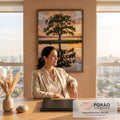 Árvore frondosa verde às margens de lago refletida na água ao pôr do sol laranja, quadro decorativo
