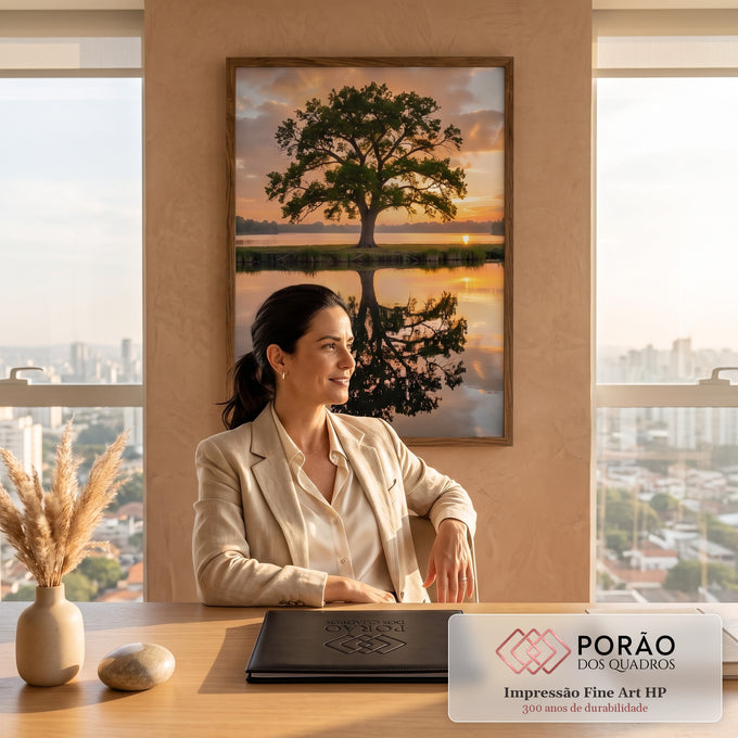 Árvore frondosa verde às margens de lago refletida na água ao pôr do sol laranja, quadro decorativo
