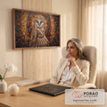 Coruja suindara de olhos fechados em mosaico de pastilhas marrom, dourado e azul, quadro decorativo