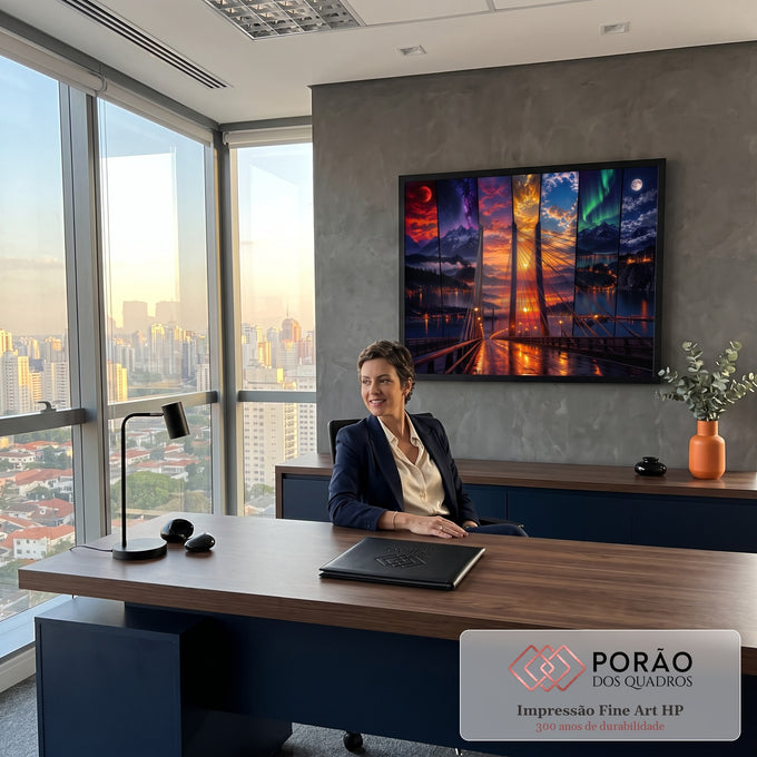 Quadro Decorativo Grande Ponte para Sala Laranja | quadros decorativos | ponte estaiada com painéis mostrando céus diferentes, aurora, lua e pôr do sol | em ambiente 2 | Porao dos Quadros