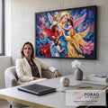 Nossa Senhora de manto azul abraçada por anjinhos de asas coloridas em pintura a óleo, quadro decorativo