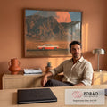 Quadro Decorativo Carro Clássico Vermelho na Estrada | quadros decorativos | carro clássico vermelho e branco numa estrada com montanhas e nuvem alaranjada ao fundo | em Quadros para Escritorio | Porao dos Quadros