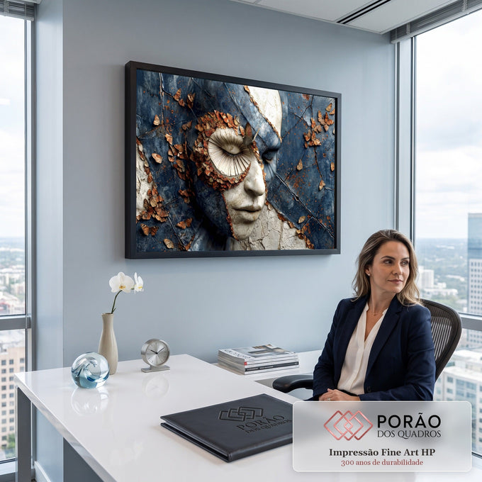 Quadro Decorativo Grande Rosto Craquelado para Sala Azul | quadros decorativos | rosto meio mármore meio cerâmica azul rachada coberto de borboletas marrons | em ambiente 2 | Porao dos Quadros