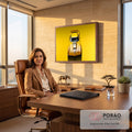 Quadro Decorativo Grande Carro Esportivo para Sala Amarelo | quadros decorativos | carro esportivo amarelo fotografado de cima com faixa prateada no capô | em ambiente 2 | Porao dos Quadros
