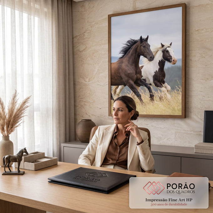 Quadro Decorativo Grande Cavalos Selvagens Marrom para Sala | quadros decorativos | cavalos correndo em campo de capim dourado com crinas ao vento | em ambiente 2 | Porao dos Quadros