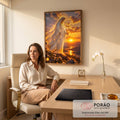 Quadro Decorativo Grande Nossa Senhora Pôr do Sol para Sala | quadros decorativos | Nossa Senhora com auréola dourada e manto branco ao pôr do sol | em ambiente 2 | Porao dos Quadros