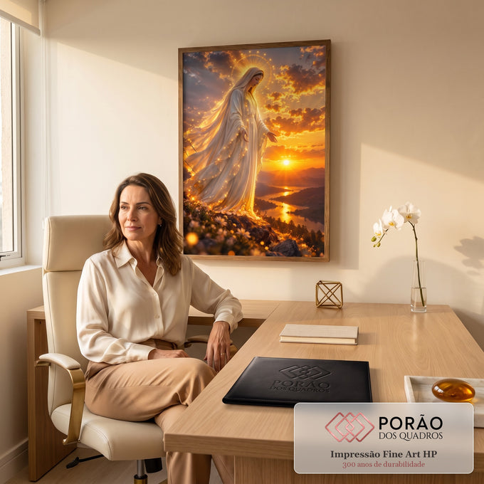 Quadro Decorativo Grande Nossa Senhora Pôr do Sol para Sala | quadros decorativos | Nossa Senhora com auréola dourada e manto branco ao pôr do sol | em ambiente 2 | Porao dos Quadros
