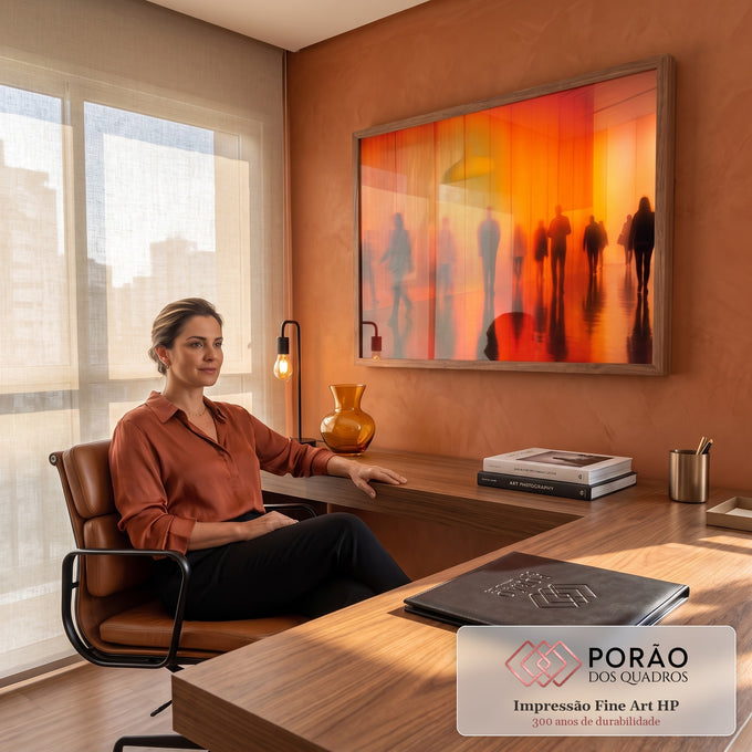 Quadro Decorativo Grande Silhuetas em Corredor para Sala | quadros decorativos | silhuetas borradas de pessoas caminhando em corredor com cortinas laranja retroiluminadas | em ambiente 2 | Porao dos Quadros