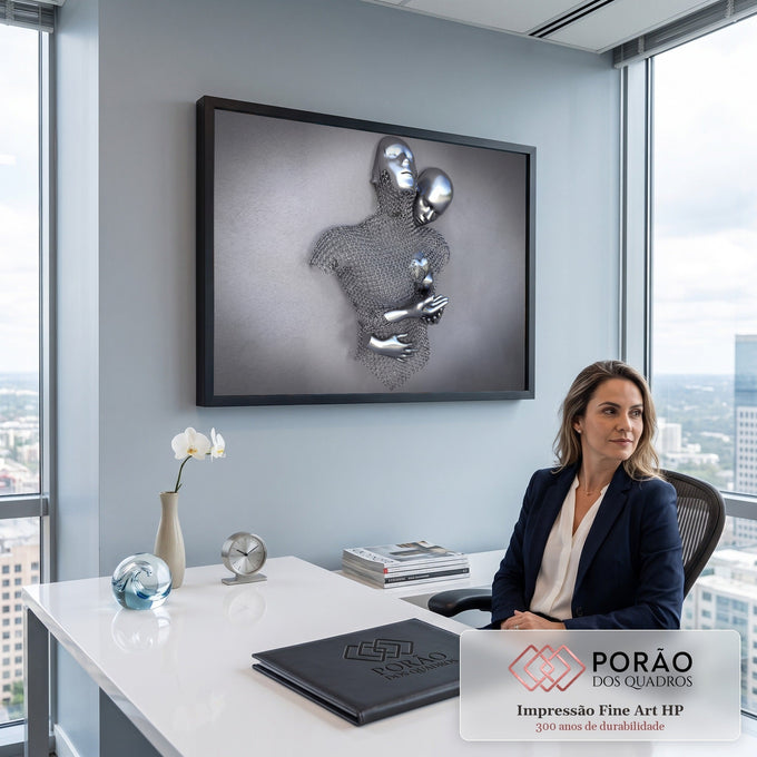 Casal abraçado em escultura de malha metálica com rostos cromados sobre fundo cinza, quadro decorativo