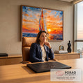 Quadro Decorativo Grande Veleiro Mar para Sala Laranja | quadros decorativos | veleiro colorido navegando ao pôr do sol em pinceladas impressionistas densas | em ambiente 2 | Porao dos Quadros