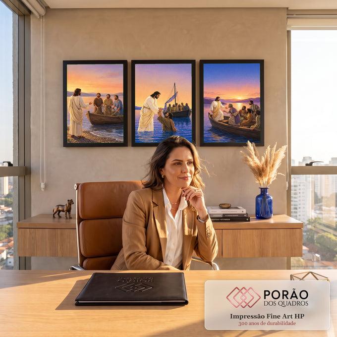 Quadro Decorativo Kit 3 Telas Jesus Chamando para Sala | quadros decorativos | Jesus chamando pescadores à beira-mar em três cenas ao entardecer | em ambiente 2 | Porao dos Quadros