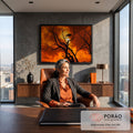 Quadro Decorativo Grande Ave em Galho Seco para Sala Laranja | quadros decorativos | silhueta de ave em galho seco contra céu laranja intenso ao pôr do sol | em ambiente 2 | Porao dos Quadros