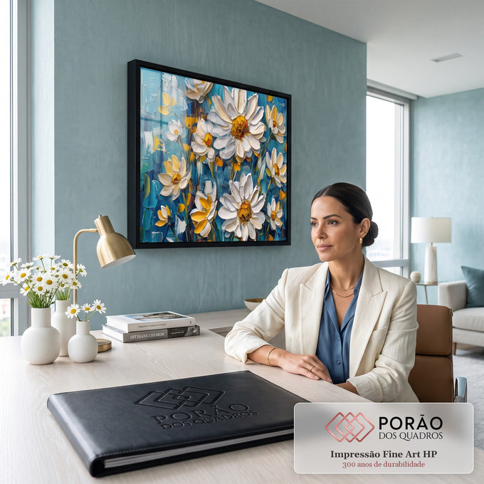 Quadro Decorativo Grande Margaridas Brancas para Sala Azul | quadros decorativos | margaridas brancas texturizadas com centro dourado sobre fundo azul turquesa | em ambiente 2 | Porao dos Quadros