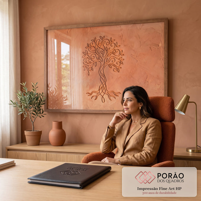 Quadro Decorativo Grande Árvore da Relevo para Sala Dourado | quadros decorativos | árvore da vida dourada em relevo sobre fundo terracota texturizado | em ambiente 2 | Porao dos Quadros